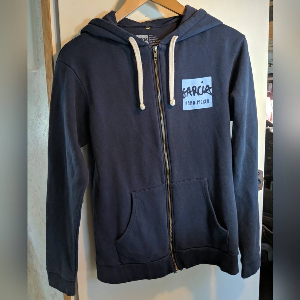 Garcia Hand Picked Hoodie Mens Small Blue Guitar Roses Opt For Fun